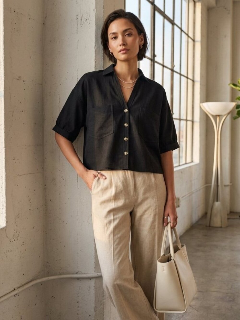 HYFVE Women's Size Large Black Short Sleeve Cropped Linen Blend Button Down Top